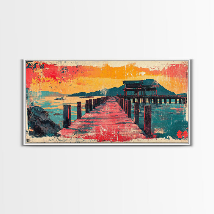 Red Pier Sunset Wall Art, Japanese Coastal Landscape Print, Teal Ocean Canvas, Asian Inspired Home Decor For Living Room