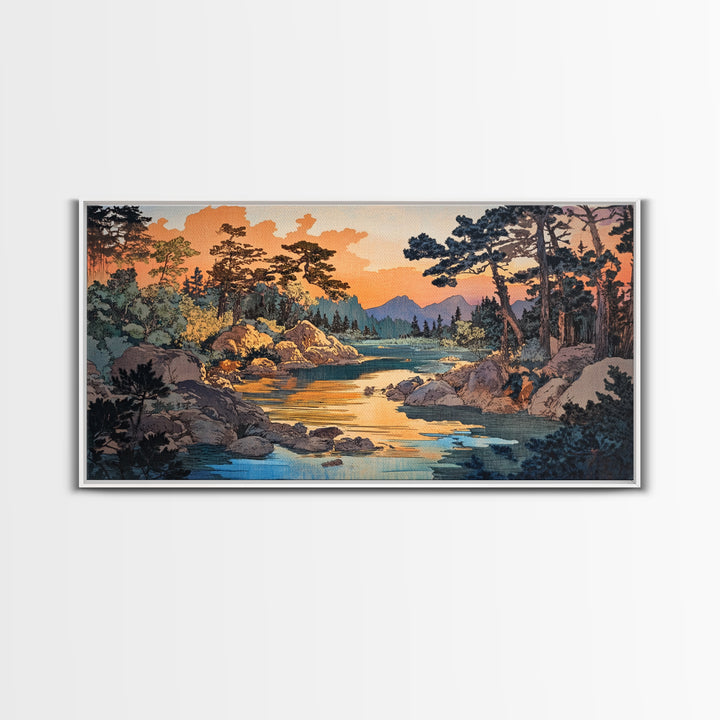Golden River Forest Wall Art, Japanese Landscape Print, Pine Woodland Canvas, Nature Inspired Living Room Home Decor Gift