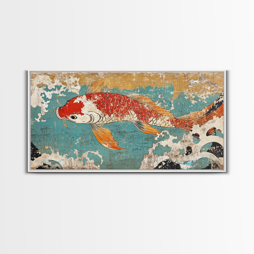 Red Koi Fish In Turquoise Waves Canvas Print, Japanese Wall Art, Coastal Decor, Nautical Home Decor, Large Living Room Art