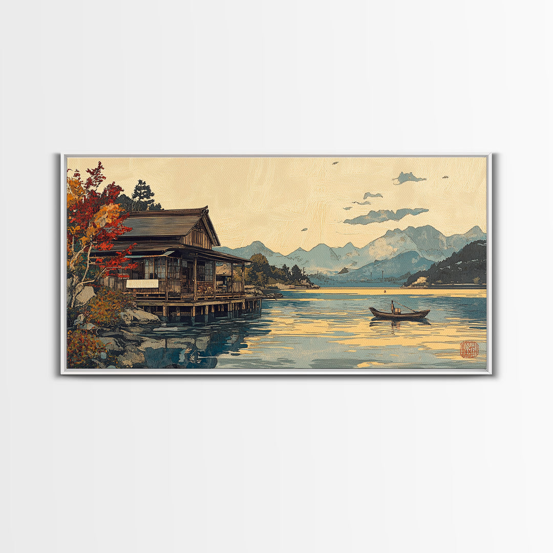 Japanese Lakeside Cabin With Boat Framed Canvas Print, Mountain Landscape Wall Art, Japandi Decor, Serene Living Room Decor