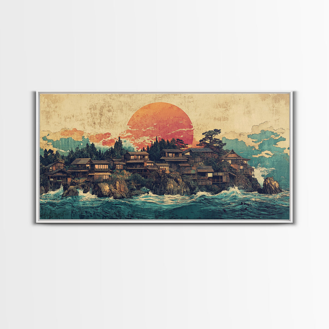 Japanese Coastal Village At Sunset Canvas Print, Ocean Wall Art, Seascape Decor, Japandi Living Room Wall Decor Gift