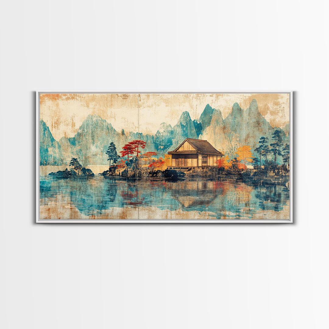 Quiet Lake House With Misty Mountains Framed Canvas Print, Japanese Landscape Wall Art, Japandi Decor, Serene Home Decor