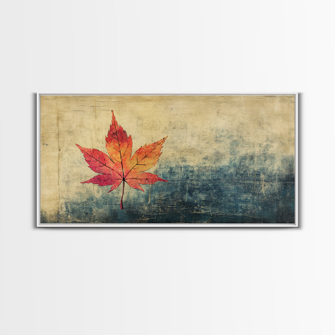 Red Maple Leaf On Textured Blue Background Canvas Print, Japanese Botanical Wall Art, Autumn Decor, Minimalist Nature Print