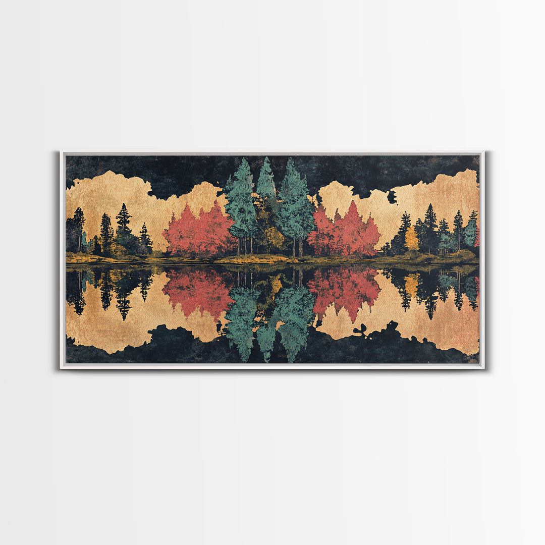 Autumn Forest Lake Reflection Wall Art, Abstract Landscape Print, Panoramic Canvas Decor For Living Room And Cabin, Rustic Home Decor Gift