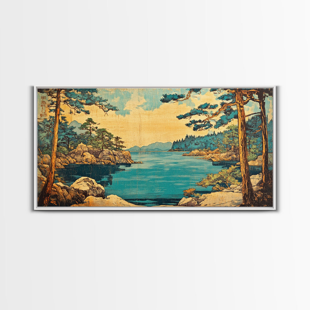 Rocky Pine Coast And Blue Lake Framed Canvas Print, Japanese Landscape Wall Art, Coastal Nature Decor For Living Room, Beach House Gift