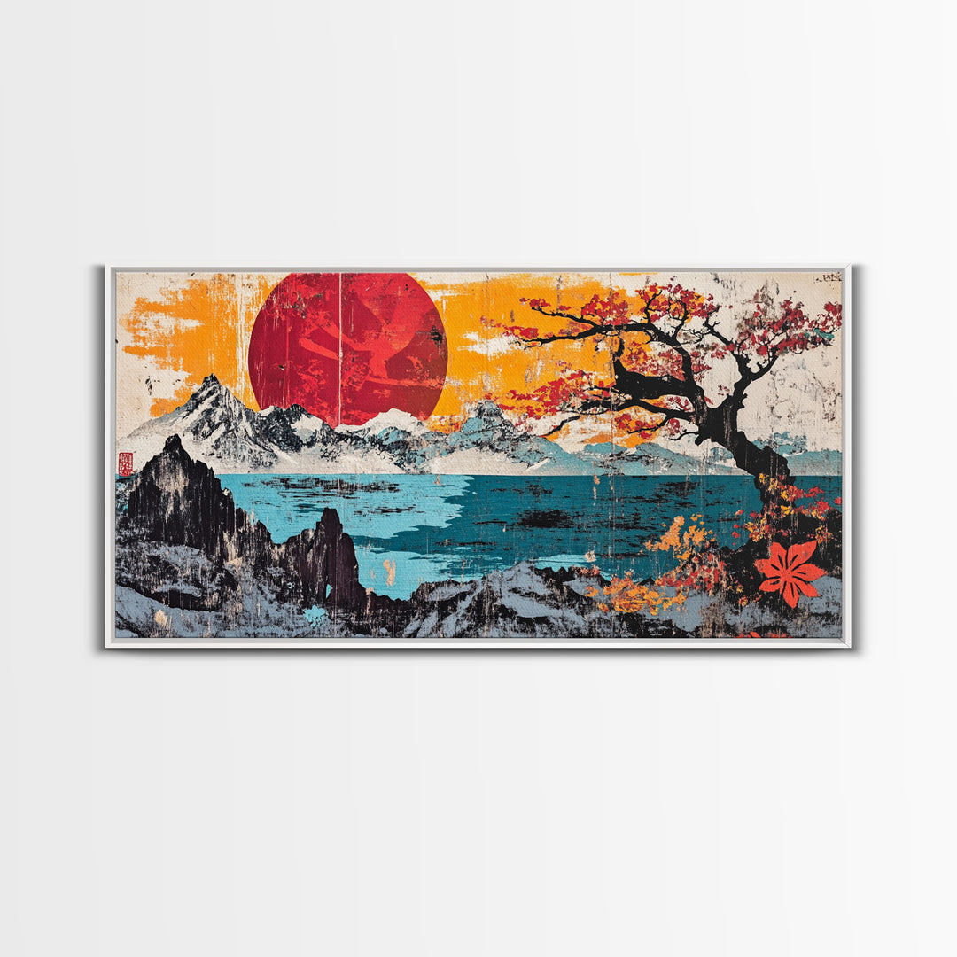 Red Sun Snowy Mountains Wall Art, Japanese Cherry Blossom Seascape Print, Bold Asian Home Decor, Large Canvas For Living Room