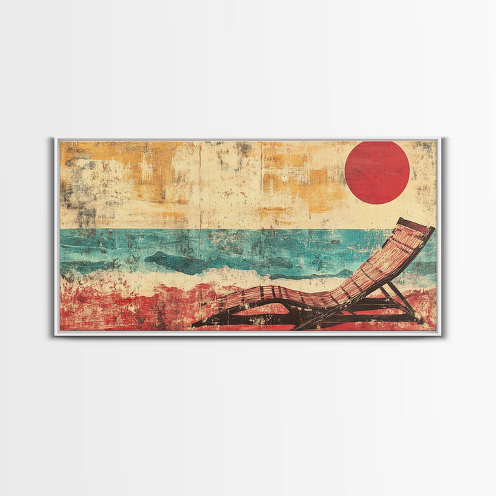 Red Sun Beach Chair Canvas Print, Coastal Wall Art, Ocean Waves Poster, Summer Beach House Decor For Bedroom And Living Room