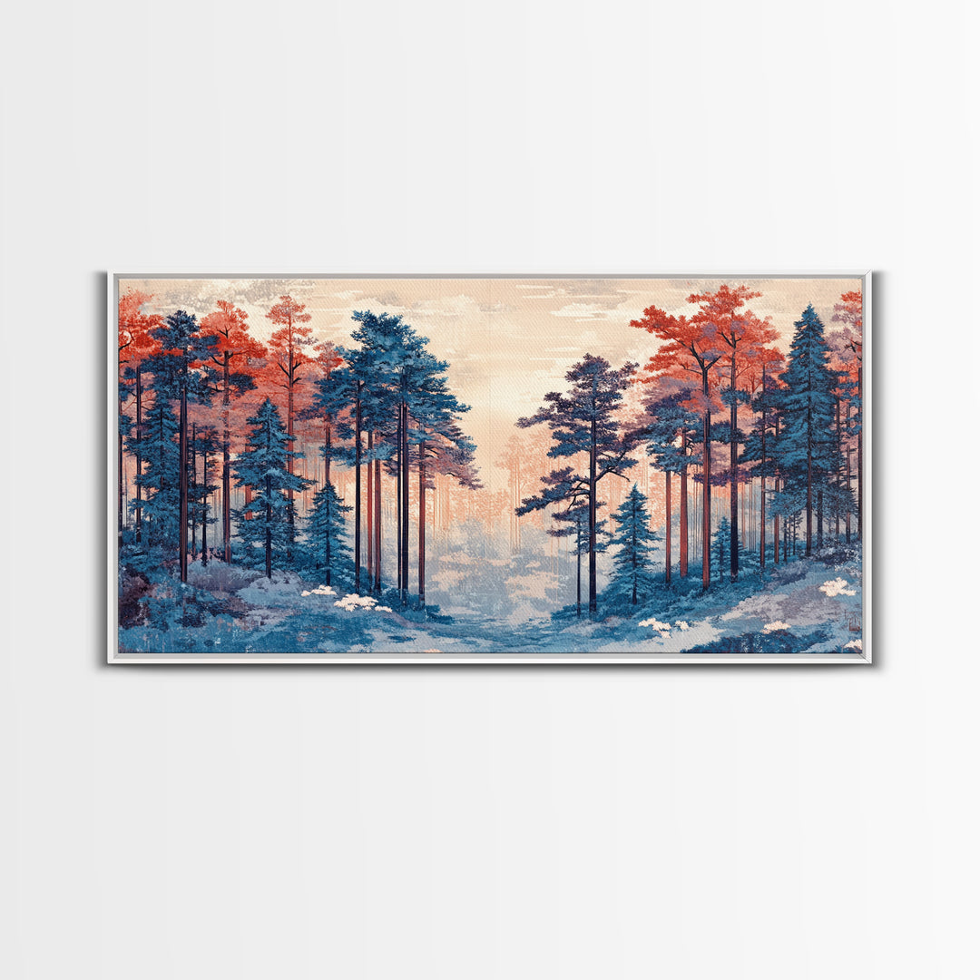 Misty Blue Pine Forest With Coral Autumn Trees Wall Art, Nature Landscape Print, Scandinavian Decor, Cozy Bedroom Wall Decor