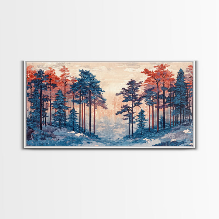 Misty Blue Pine Forest With Coral Autumn Trees Wall Art, Nature Landscape Print, Scandinavian Decor, Cozy Bedroom Wall Decor