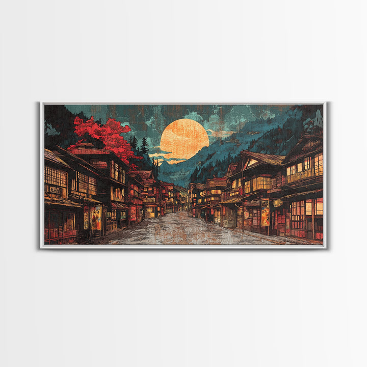 Moonlit Japanese Village Street With Red Maple Trees Framed Canvas Print, Japandi Wall Art, Moody Living Room Wall Decor