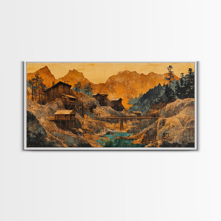Rustic Mountain Mining Village Framed Canvas Print, Japanese Landscape Wall Art, Cabin Decor, Office Decor, Housewarming Gift