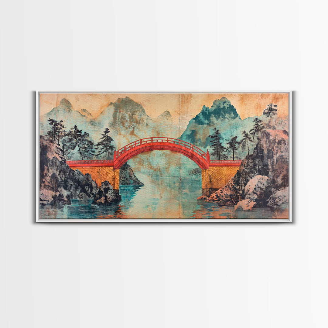 Red Arch Bridge Mountain Lake Canvas Print, Japanese Wall Art, Serene Landscape Art, Zen Home Decor, Living Room Wall Decor