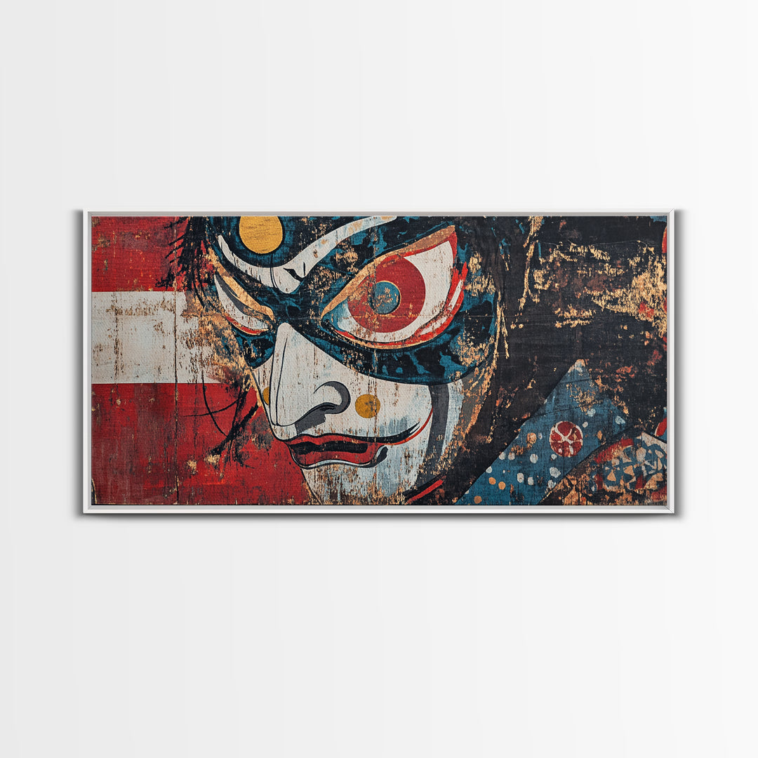 Kabuki Mask Theater Face Framed Canvas Print, Japanese Wall Art, Dramatic Wall Decor, Asian Inspired Art, Statement Artwork