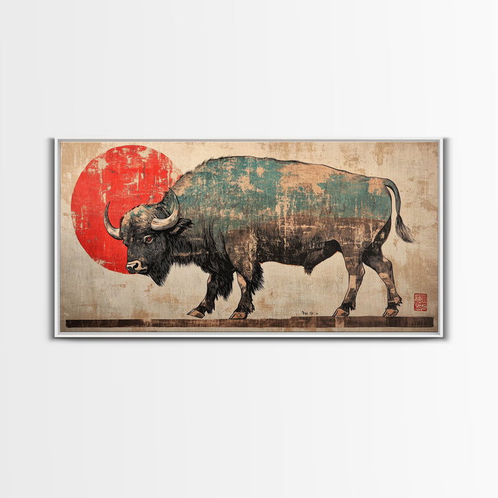 Walking Bison Red Sun Canvas Print, Western Wall Art, Buffalo Art Print, Rustic Home Decor, Masculine Office Wall Decor, Gift For Him