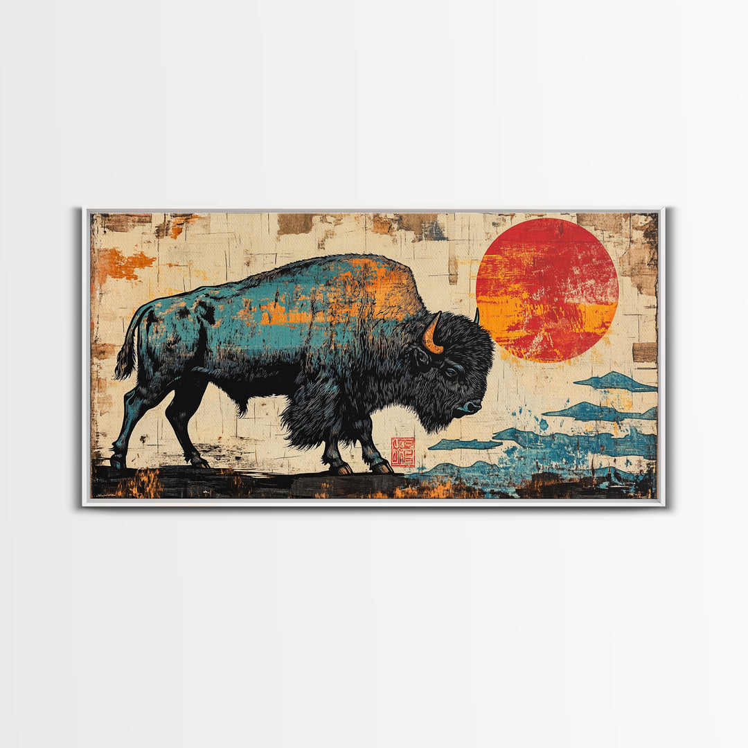 Textured Bison Red Sun Framed Canvas Print, Western Wall Art, Buffalo Wall Decor, Rustic Farmhouse Decor, Gift For Him, Office Decor