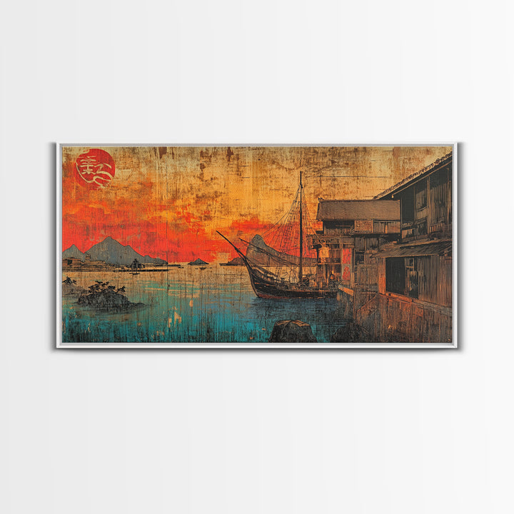 Sunset Harbor Boat Village Canvas Print, Japanese Coastal Wall Art, Nautical Decor, Travel Poster, Living Room Wall Decor