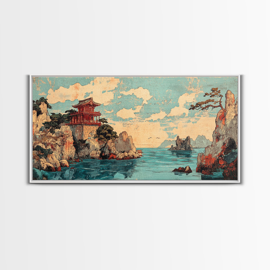 Clifftop Pagoda Ocean Canvas Print, Japanese Coastal Landscape Wall Decor, Asian Inspired Art, Travel Poster, Home Decor Art Print
