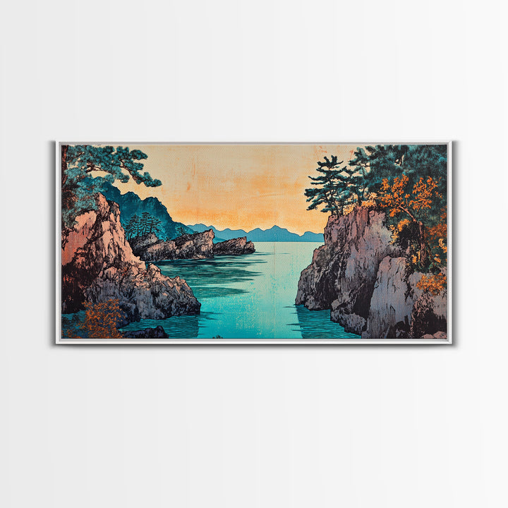 Rocky Pine Sea Inlet Framed Canvas Print, Japanese Coastal Wall Art, Autumn Landscape, Modern Living Room Decor, Home Decor