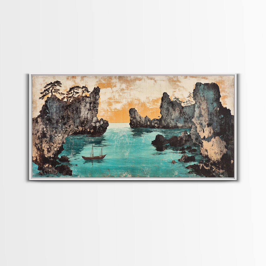 Turquoise Cove And Sailboat Wall Art, Japanese Seascape Print, Coastal Wall Decor, Panoramic Canvas Home Decor, Living Room Decor