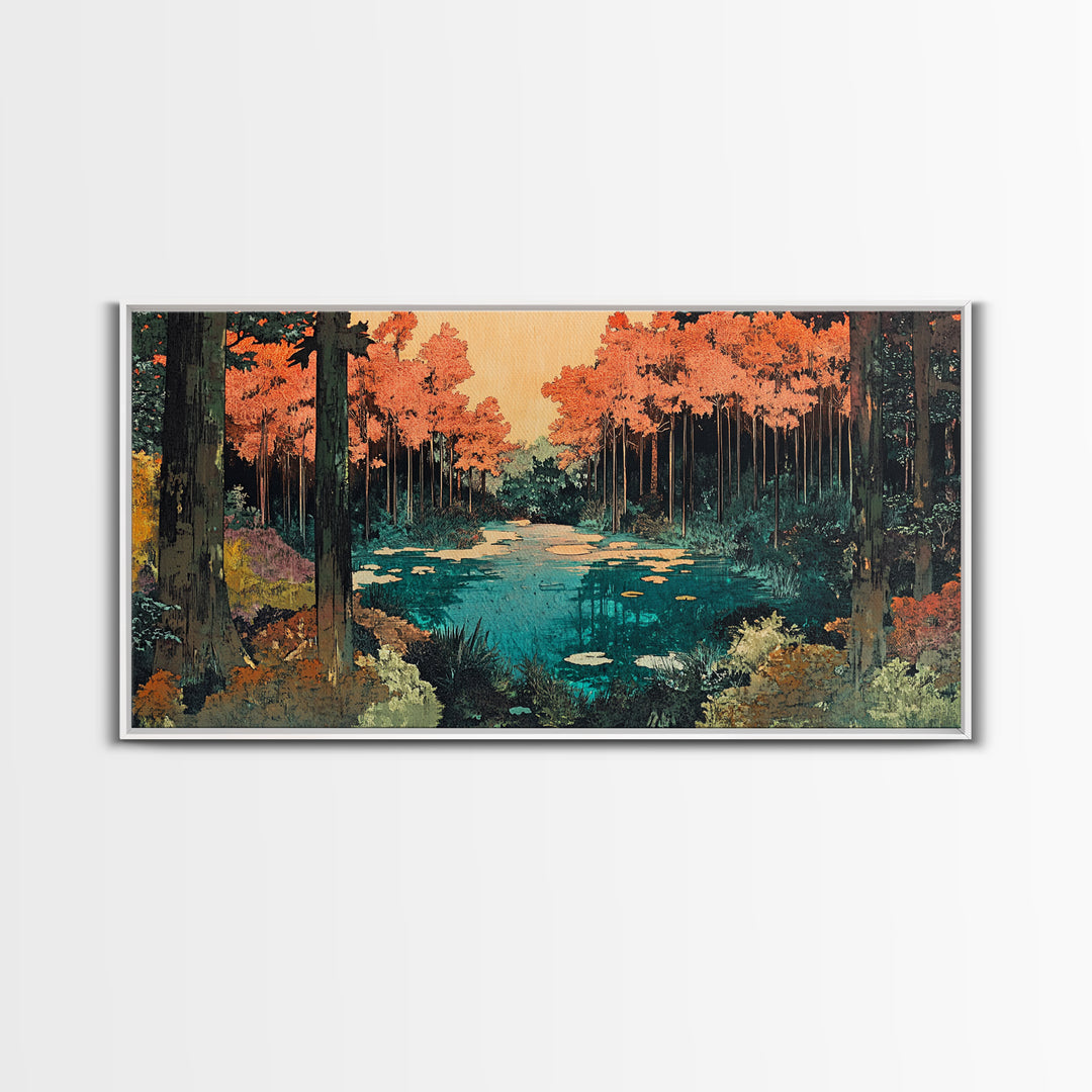 Autumn Forest Pond Canvas Print, Orange Trees And Lily Pads Wall Art, Japandi Nature Decor, Cozy Living Room Decor, Home Decor