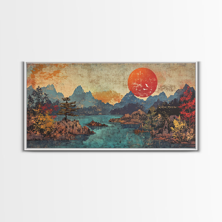 Red Sun Mountain Lake Wall Art, Japanese Landscape Print, Panoramic Canvas, Moody Nature Decor, Living Room Decor, Home Decor