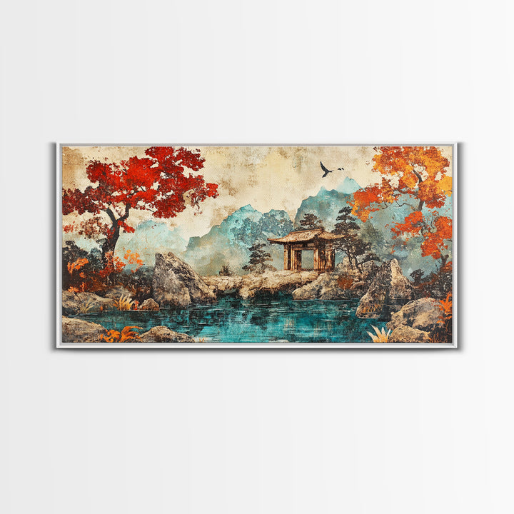 Red Maple Lake Pavilion Framed Canvas Print, Japanese Garden Wall Art, Asian Landscape Decor, Living Room Wall Decor Art Print