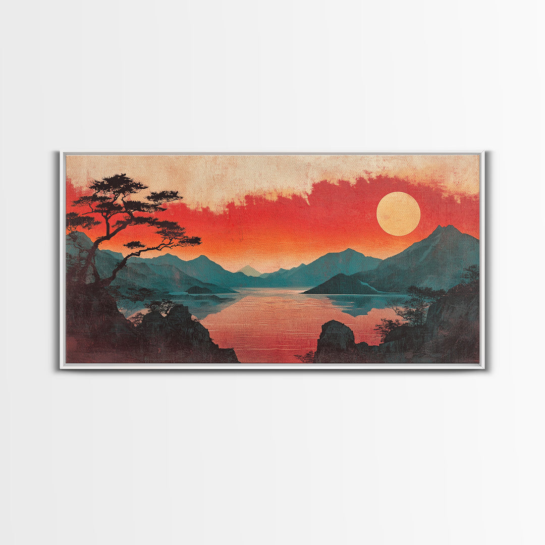 Crimson Sunset Mountain Lake Canvas Print, Japanese Landscape Wall Art, Red Sky Decor, Panoramic Living Room Decor, Home Decor