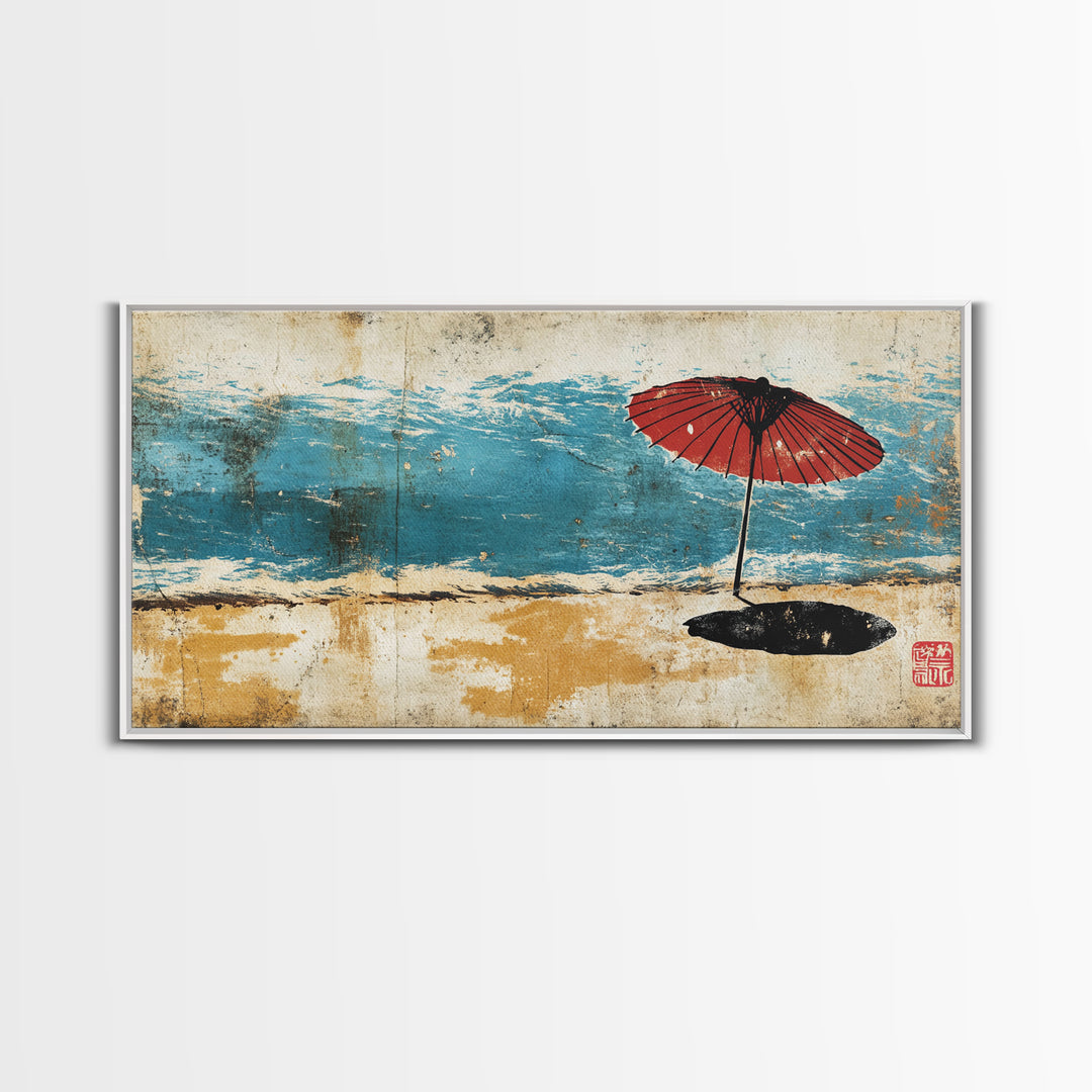 Red Beach Umbrella By Turquoise Waves Wall Art, Japanese Coastal Canvas Print, Beach House Decor, Ocean Wall Decor Gift For Her