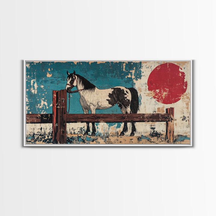 Black And White Paint Horse With Red Sun Wall Art, Western Equestrian Canvas Print, Rustic Farmhouse Decor, Horse Lover Gift
