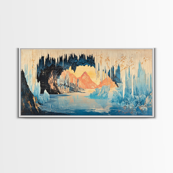 Glowing Ice Cave With Frozen Lake Wall Art, Arctic Landscape Canvas Print, Blue Mountain Decor, Fantasy Nature Art Gift Idea