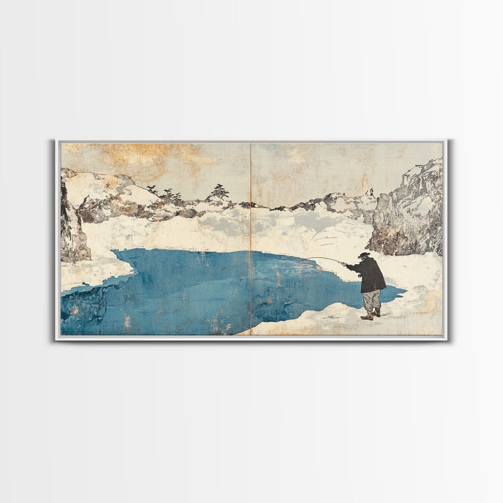 Lone Traveler Beside Snowy Blue Lake Wall Art, Japanese Landscape Canvas Print, Minimalist Winter Decor, Zen Home Decor Gift