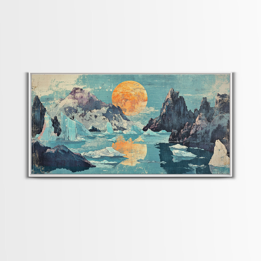 Orange Sun Over Icy Mountain Lake Wall Art, Abstract Landscape Canvas Print, Japandi Coastal Decor, Large Living Room Art