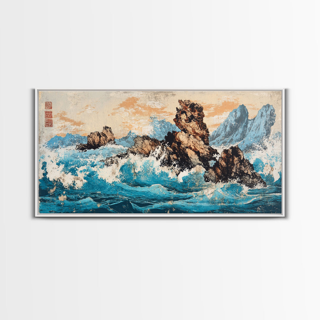 Rocky Blue Ocean Cliffs In Japanese Style Framed Canvas Print, Seascape Wall Art For Coastal Decor And Nautical Home Decor