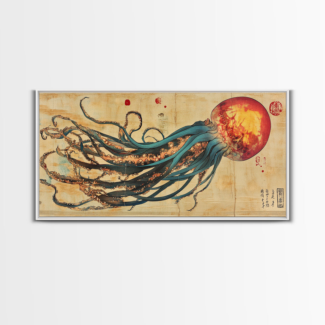 Giant Squid With Red Sun Japanese Wall Art, Octopus Canvas Print For Marine Life Decor, Coastal Statement Artwork For Living Room Decor
