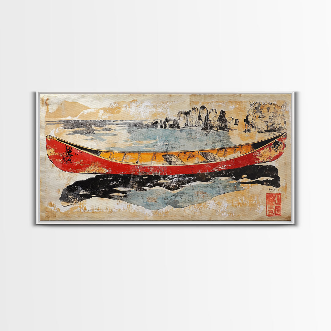 Red And Yellow Canoe On Rugged Shore Framed Canvas Print, Nautical Wall Art For Lake House Decor And Coastal Home Decor Art