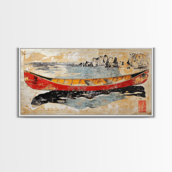 Red And Yellow Canoe On Rugged Shore Framed Canvas Print, Nautical Wall Art For Lake House Decor And Coastal Home Decor Art