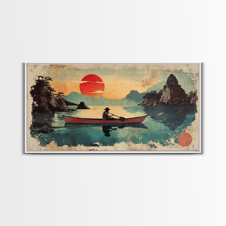 Fisherman Rowboat On Misty Mountain Lake Wall Art, Japanese Landscape Canvas Print For Zen Home Decor And Living Room Decor