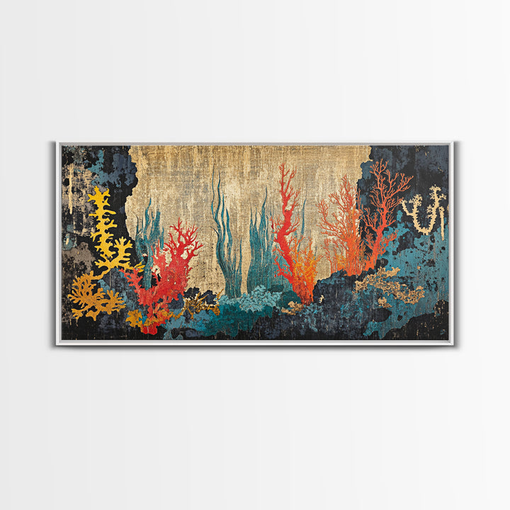 Vibrant Coral Reef Underwater Scene Framed Canvas Print, Ocean Wall Art For Coastal Decor, Marine Life And Beach House Decor