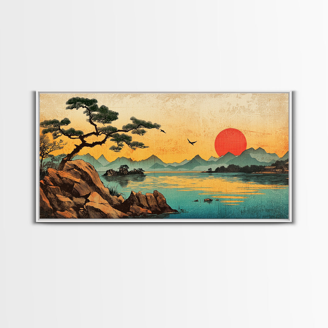 Pine Tree Sunset Over Mountain Lake Wall Art, Japanese Landscape Canvas Print For Zen Decor And Coastal Living Room Decor