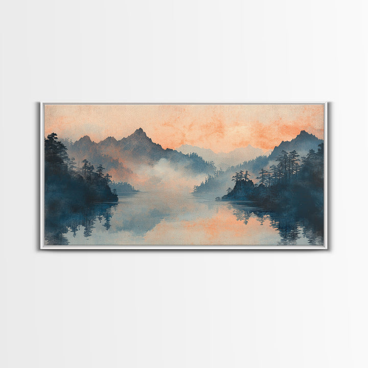 Misty Mountain Lake Sunrise Wall Art, Japanese Landscape Art Print, Serene Nature Decor, Large Horizontal Living Room Decor