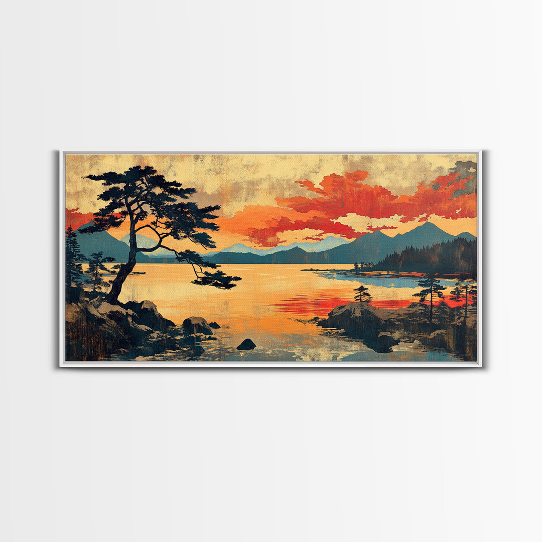 Orange Sunset Pine Lake Wall Art, Japanese Woodblock Landscape Print, Rustic Cabin Decor, Large Nature Art For Living Room