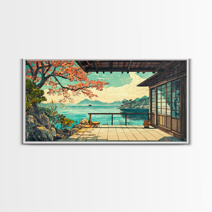Japanese Seaside Veranda Canvas Print, Turquoise Ocean Wall Art, Zen Coastal Home Decor, Japandi Living Room Wall Decor Art