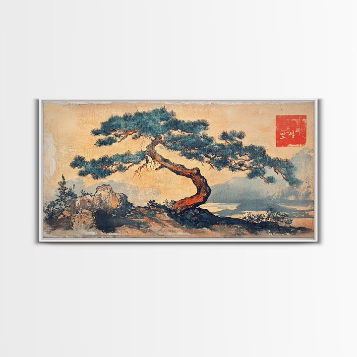 Windswept Pine Tree Wall Art, Japanese Ink Landscape Print, Zen Nature Decor, Minimalist Coastal Framed Canvas Print, Serene Home Decor