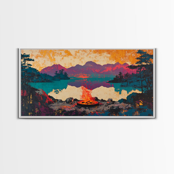 Campfire Mountain Lake Canvas Print, Rustic Cabin Wall Art, Moody Landscape Decor, Camping Gift For Him, Living Room Art
