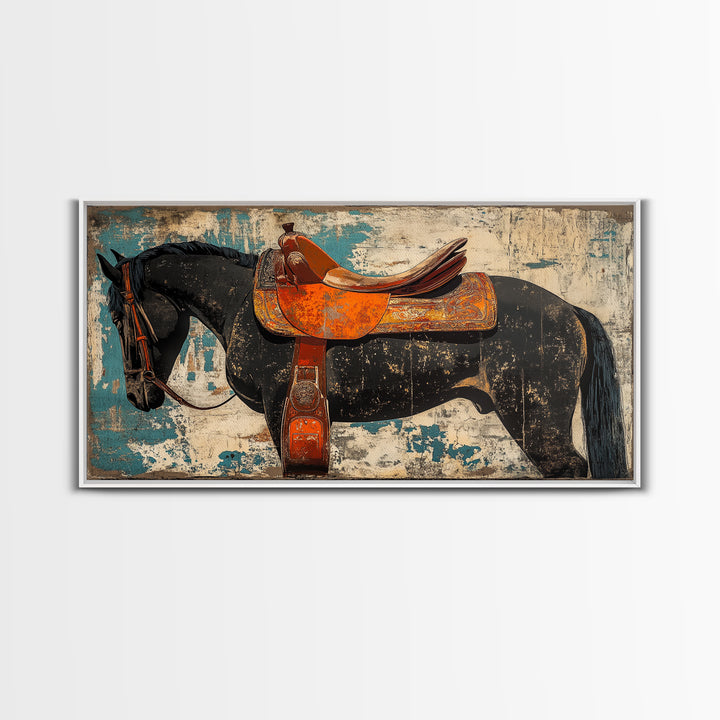 Black Horse With Orange Western Saddle Wall Art, Rustic Ranch Decor, Equestrian Art Print, Cowboy Living Room Decor Gift