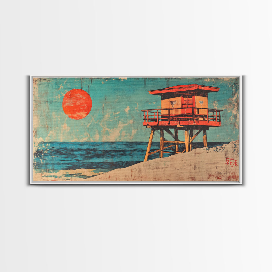 Red Lifeguard Tower Beside Blue Ocean Canvas Print, Coastal Wall Art, Beach House Decor, Retro Travel Poster Print For Home