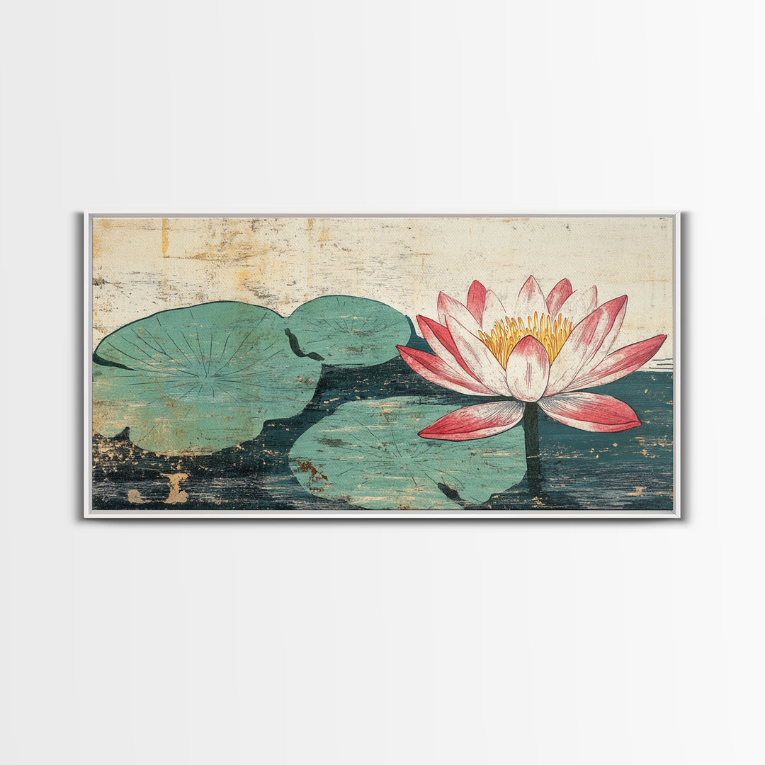 Pink Lotus Blossom And Lily Pads Canvas Print, Zen Wall Art, Botanical Wall Decor, Japandi Bathroom Art, Spa Decor Print