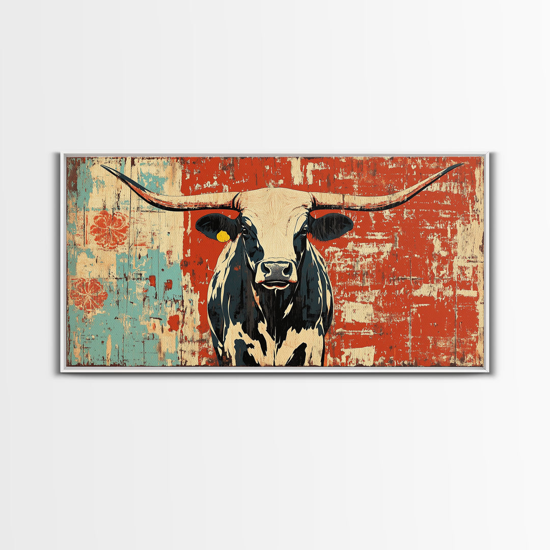 Black And White Longhorn Cow Framed Canvas Print, Rustic Western Wall Art, Farmhouse Ranch Decor, Cowgirl Home Decor Gift