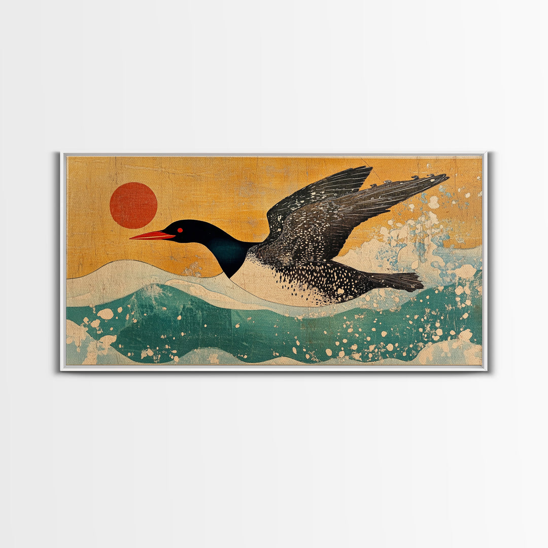 Black Loon Bird Canvas Print, Japanese Coastal Wall Art, Lake House Decor, Nautical Wildlife Art Print For Bird Lovers Gift