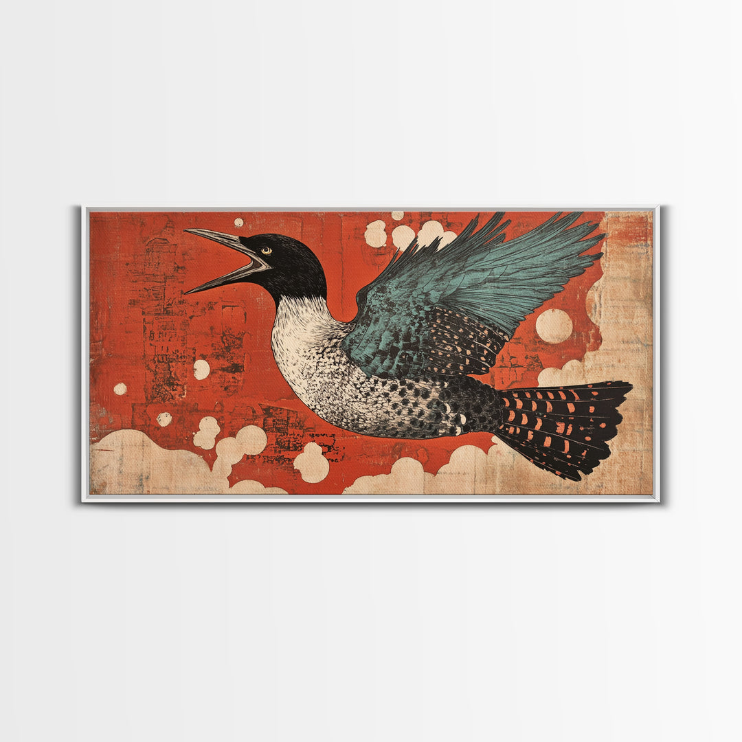 Speckled Sea Bird Framed Canvas Print, Japanese Wildlife Wall Art, Rustic Coastal Decor, Teal Wings Red Sky Print For Home Decor
